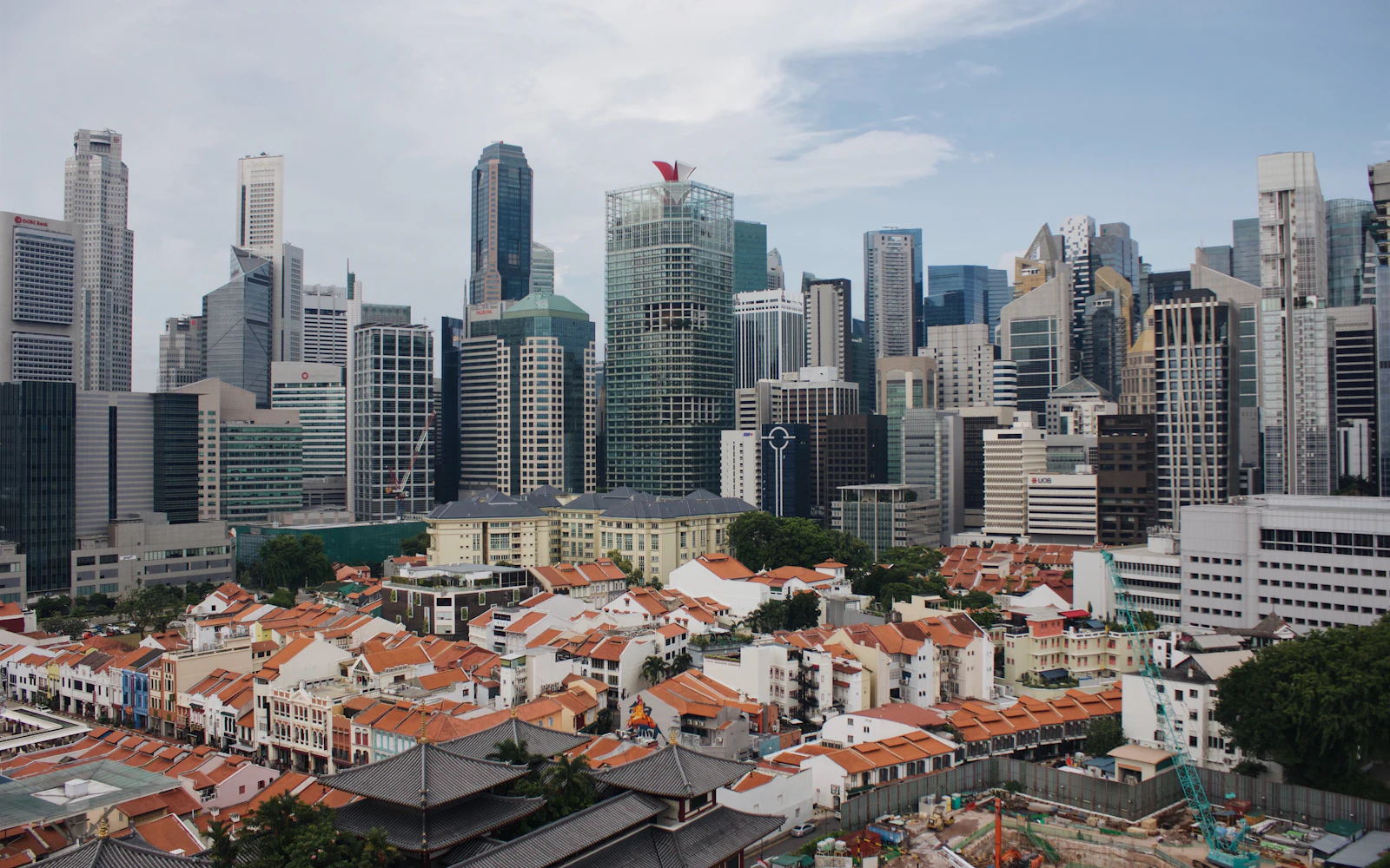 Singapore city skyline with low-rise buildings in the foreground